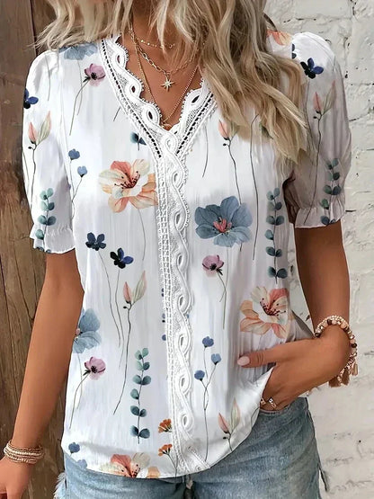 Women's V-Neck Blouse Leaf Print