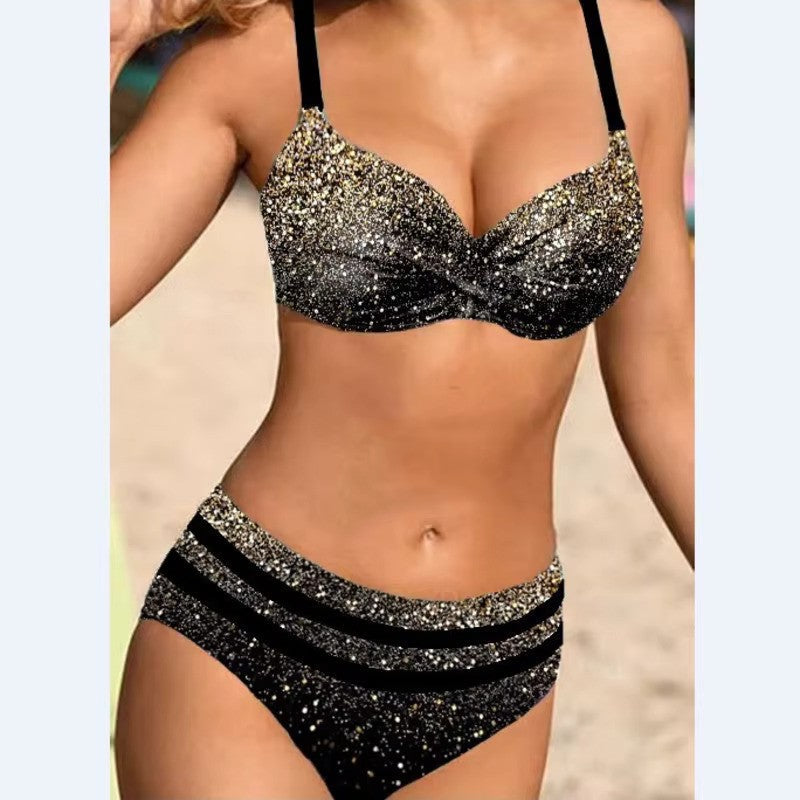 Women's High Waist Leaf Print Bikini Swimsuit