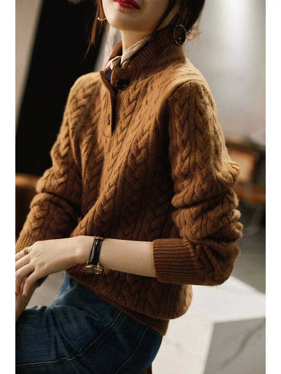 Cable-Knit Button Collar Sweater