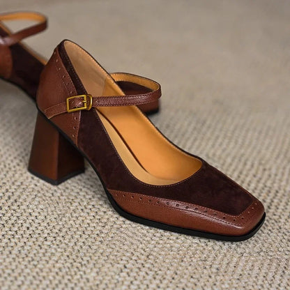 Women's Block Heel Pumps Ankle Strap Brown Leather