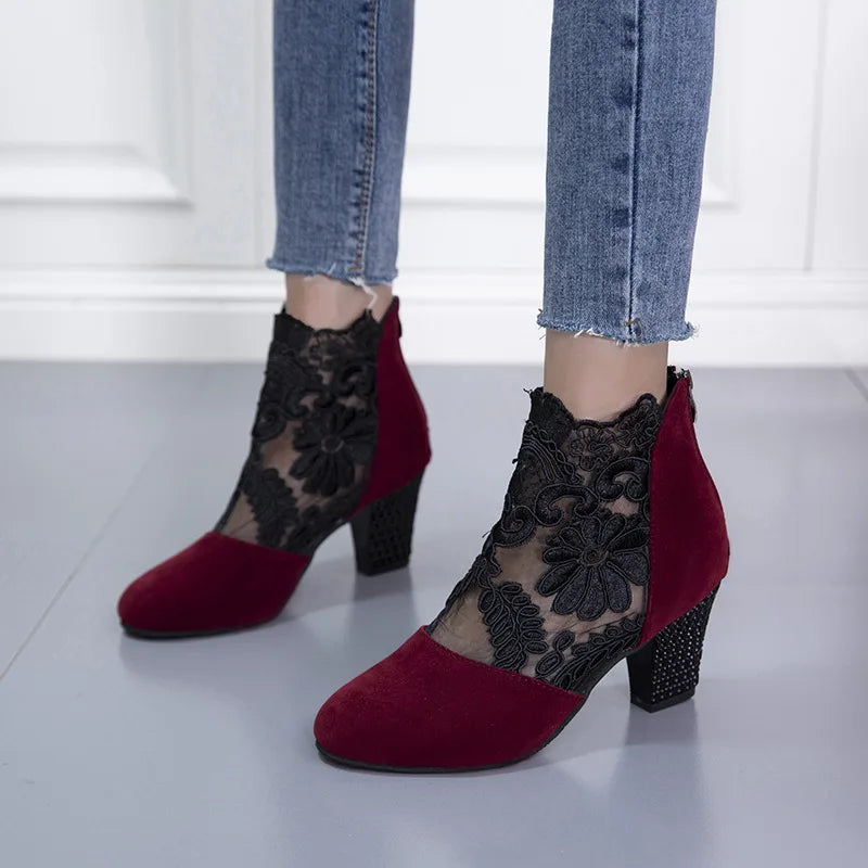 Women's Lacy High Heel Mesh Boots