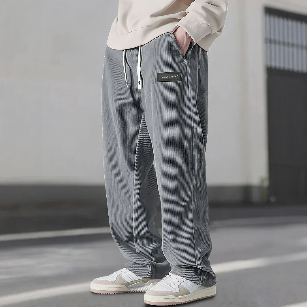Men's Straight Leg Ribbed Pants Drawstring Waist