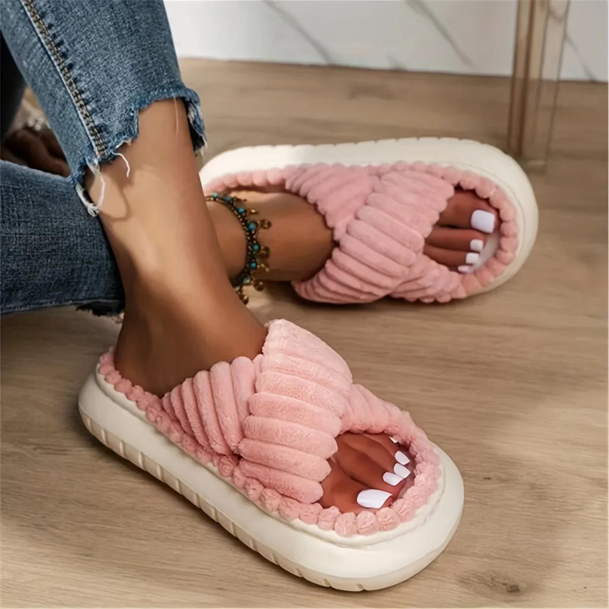 Women's Plush Slippers Open Toe Soft Cushioned Sole