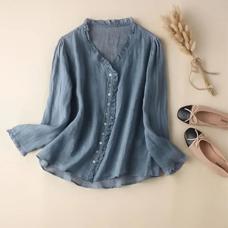 Women's Linen Neck V Blouse - 
Fashinoza