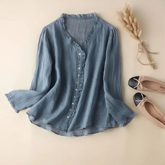 Women's Linen Neck V Blouse - 
Fashinoza