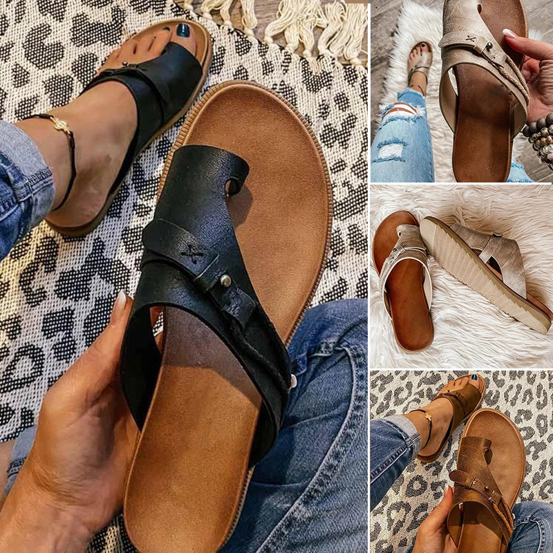 Women's Flat Slide Sandals Slip-On Leather Brown