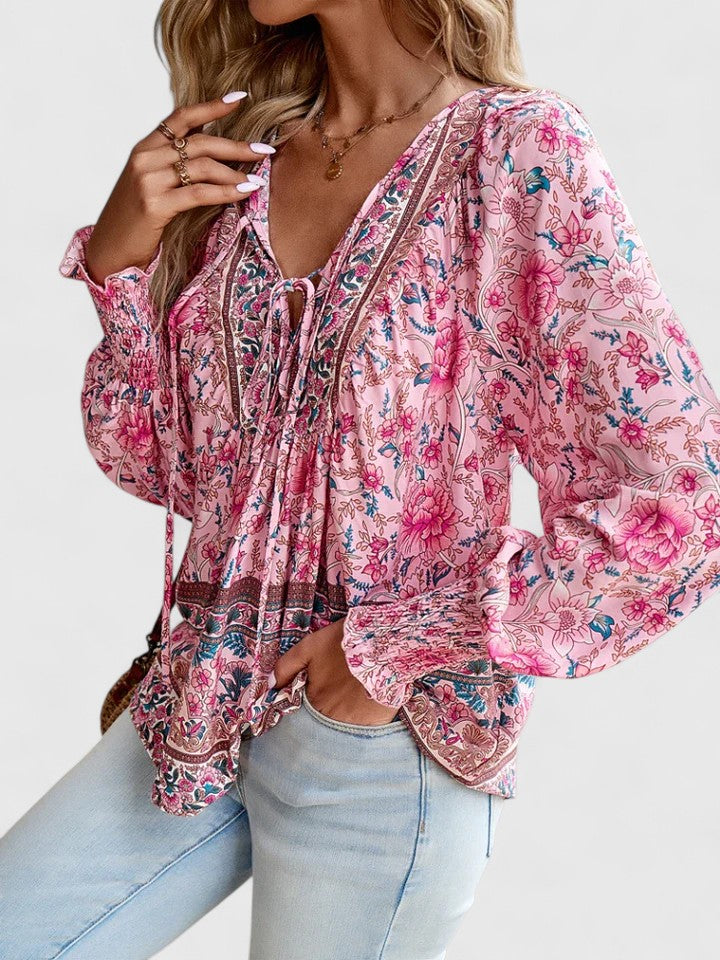 Women's V-Neck Puff Sleeve Blouse Floral