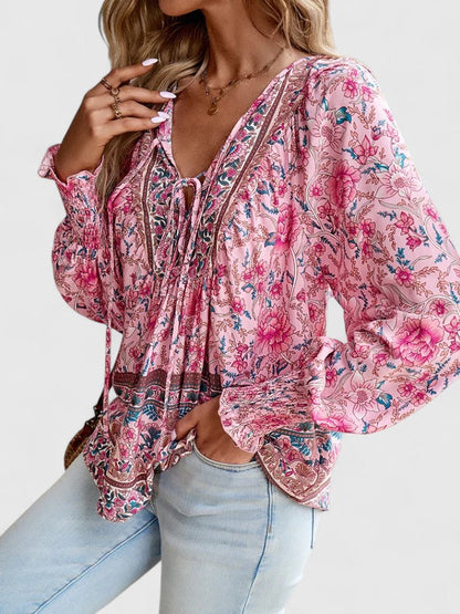 Women's V-Neck Puff Sleeve Blouse Floral