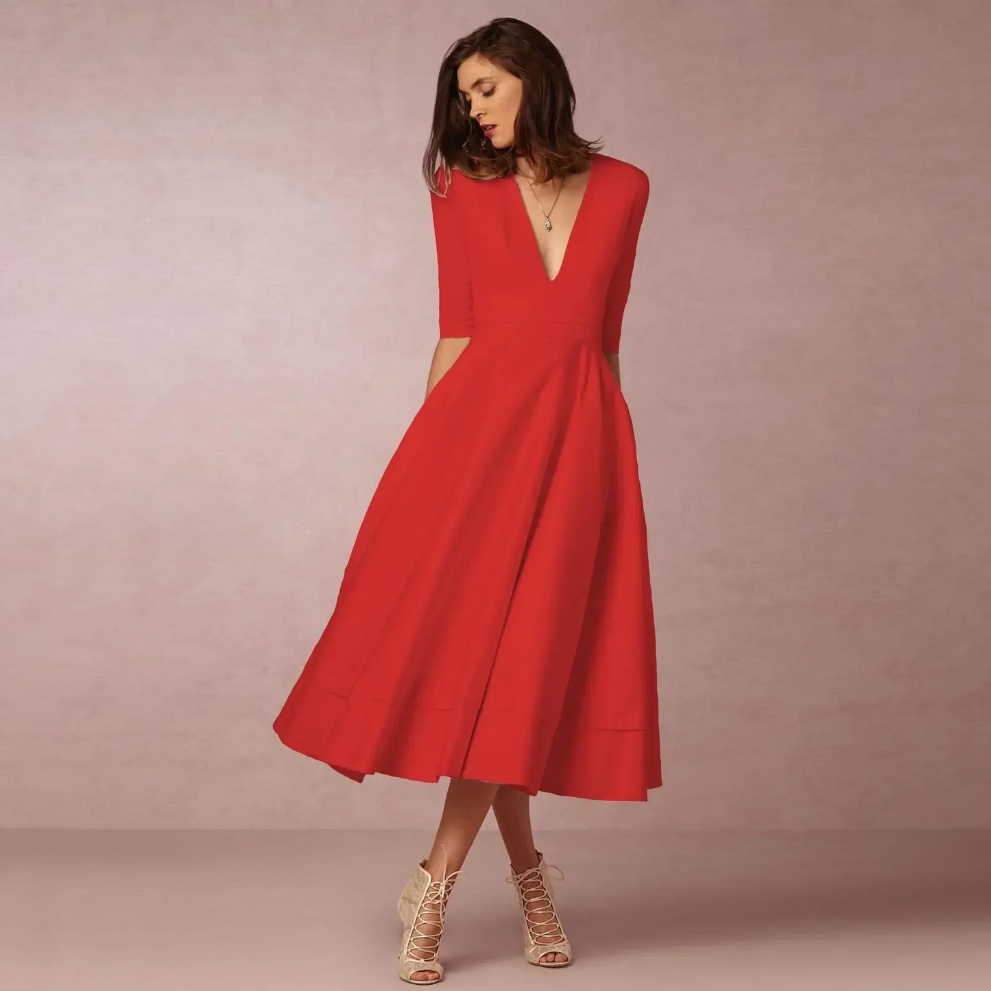 Women's Deep V-Neck Midi Dress Half Sleeves Flared Skirt