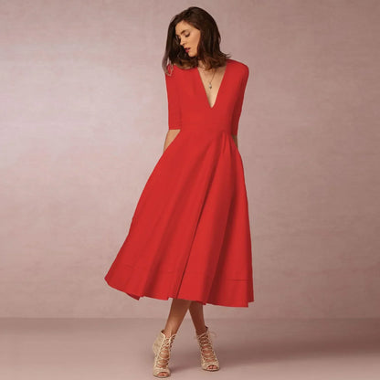 Women's Deep V-Neck Midi Dress Half Sleeves Flared Skirt