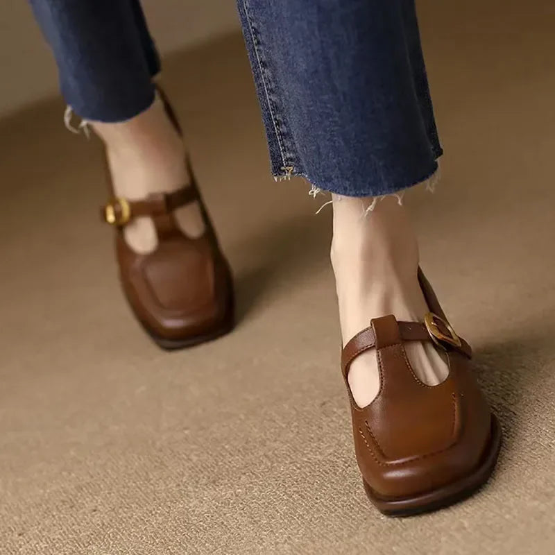 Women's T-Strap Mary Jane Square Toe Low Heel Shoes