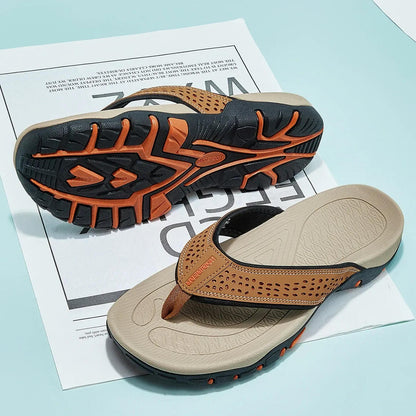 Orthopedic Men's Athletic Flip Flops with Arch Support PU Leather Beach Sandals