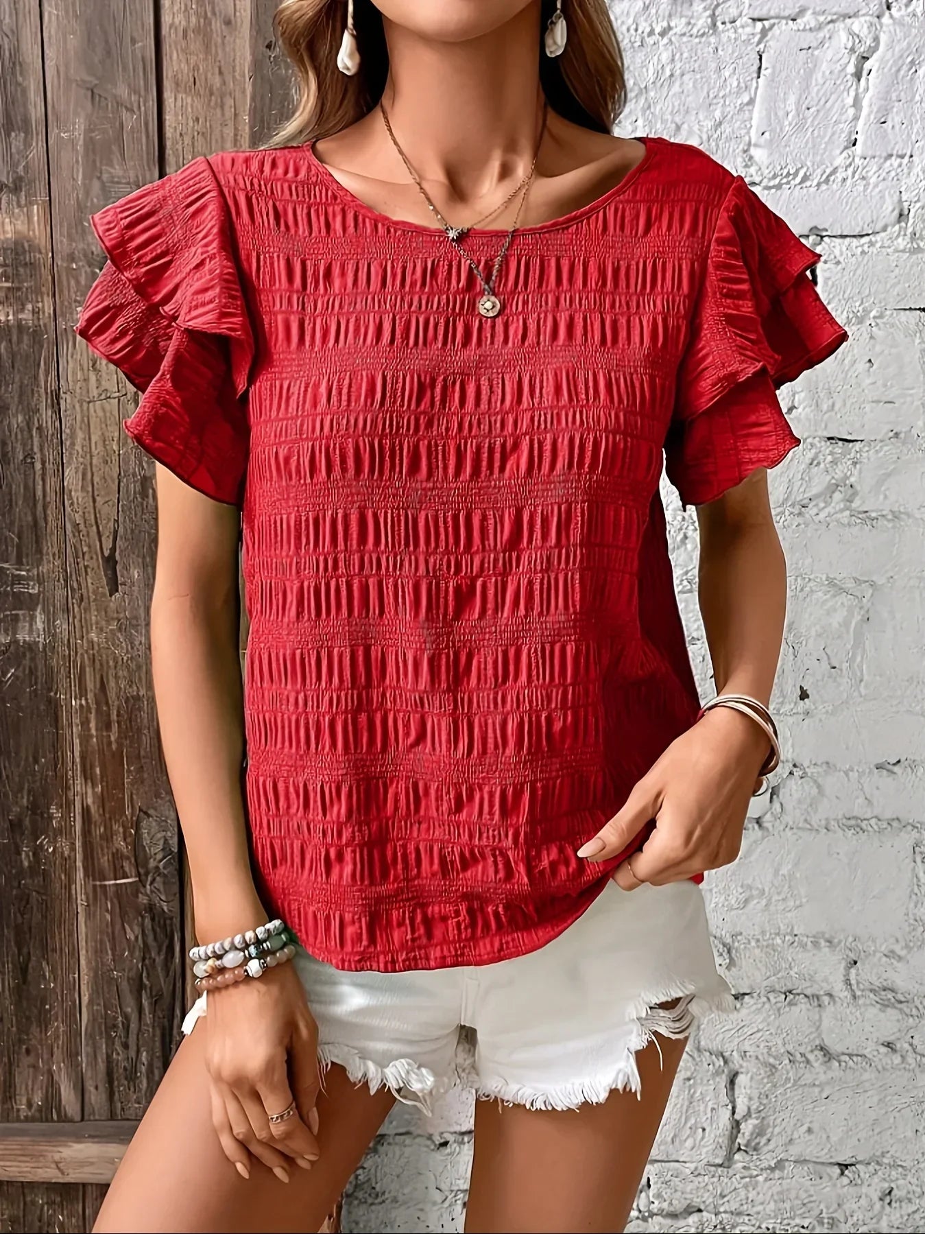 Women's Ruffle Sleeve Blouse Smocked Cotton