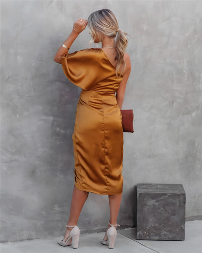 Women's Midi Dress One Shoulder Flutter Sleeve Black