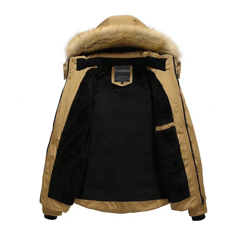 Men's Down Parka Wool Lined Hooded Jacket Warm Black