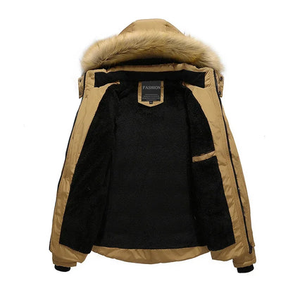 Men's Down Parka Wool Lined Hooded Jacket Warm Black