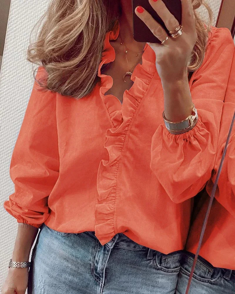 Women's Ruffle V-Neck Blouse - Fashinoza