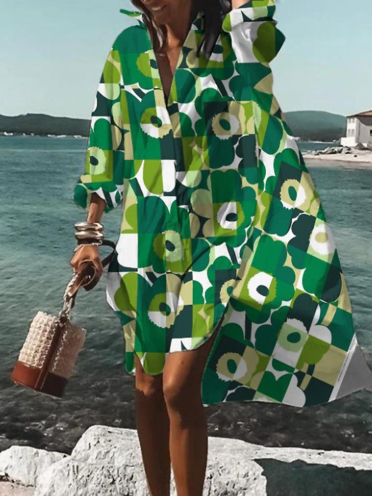 Women's Mini Floral Long Sleeve Shirt Dress