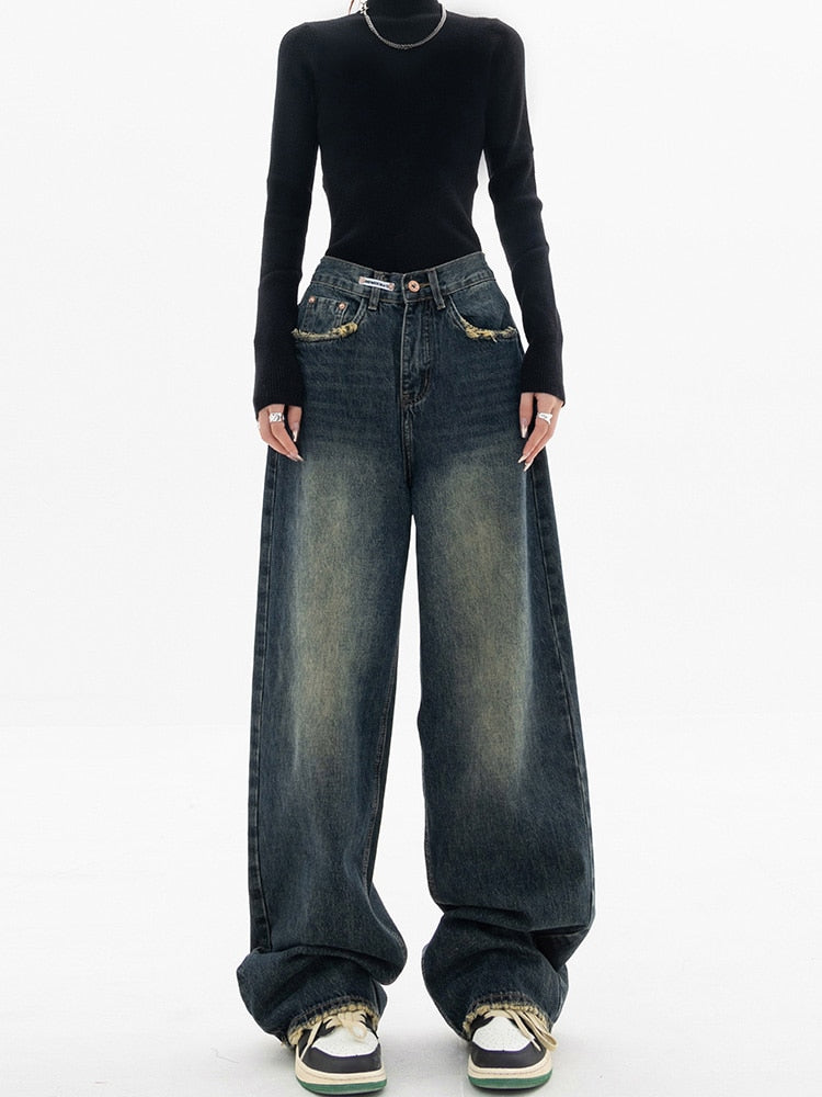 Women's High-Waisted Distressed Wide Leg Jeans Comfortable Casual - 
Fashinoza