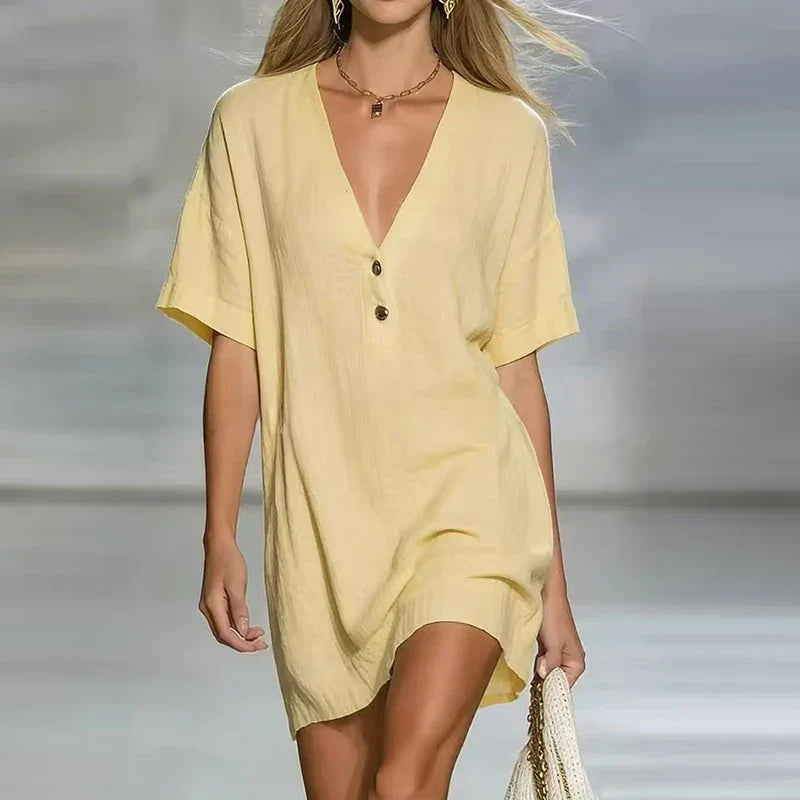 Linen V Neck Shirt Dress - 
Fashinoza