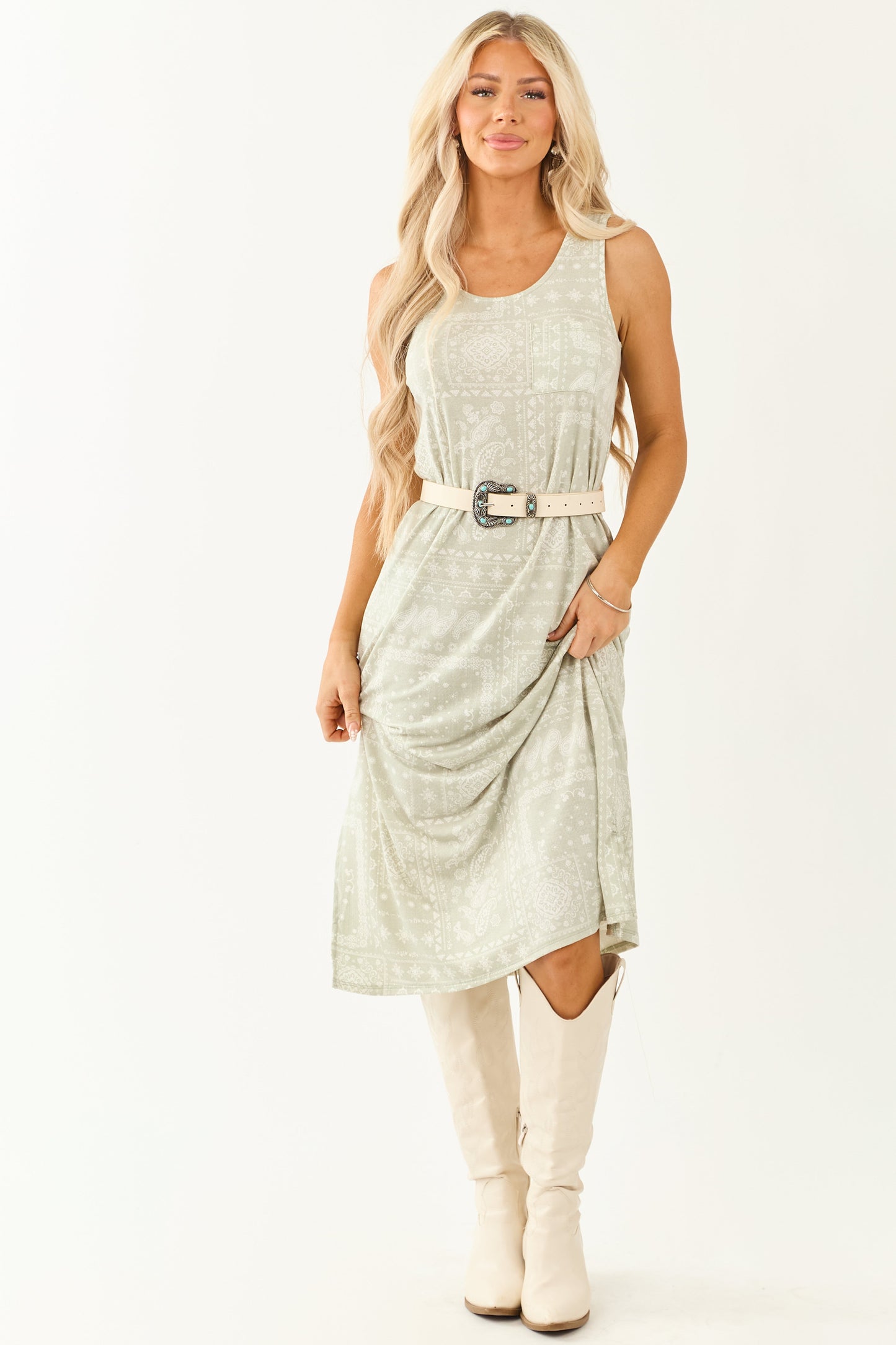 Women's Knit Midi Dress Sage Green Bandana Print Sleeveless - Fashinoza