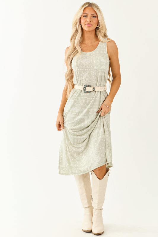 Women's Knit Midi Dress Sage Green Bandana Print Sleeveless - Fashinoza