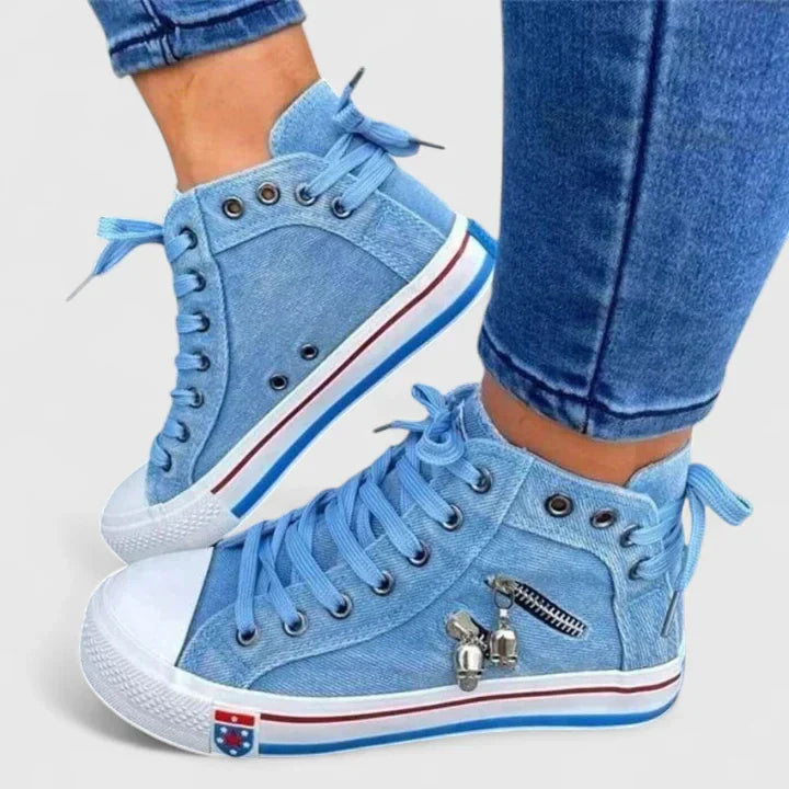 Women's High Denim Sneakers Lace-Up Side Zip - Fashinoza