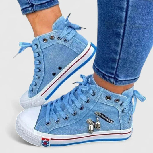 Women's High Denim Sneakers Lace-Up Side Zip - Fashinoza