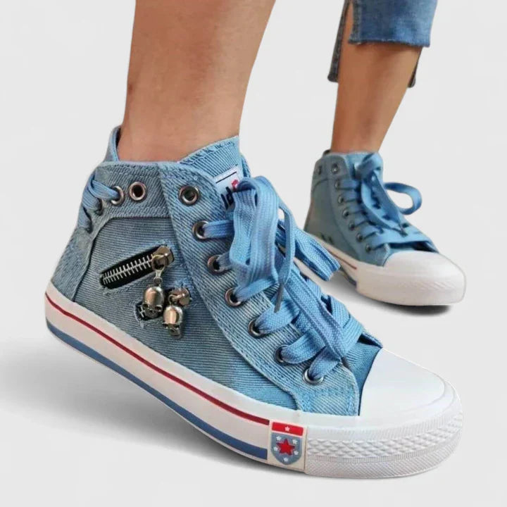 Women's High Denim Sneakers Lace-Up Side Zip