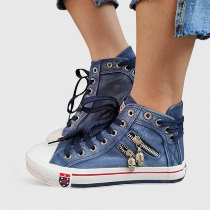 Women's High Denim Sneakers Lace-Up Side Zip