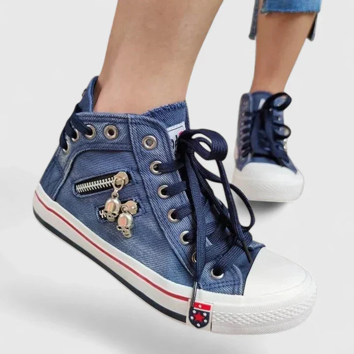 Women's High Denim Sneakers Lace-Up Side Zip