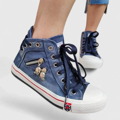 Women's High Denim Sneakers Lace-Up Side Zip