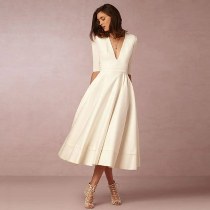Women's Deep V-Neck Midi Dress Half Sleeves Flared Skirt - 
Fashinoza