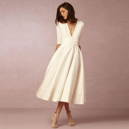 Women's Deep V-Neck Midi Dress Half Sleeves Flared Skirt - 
Fashinoza