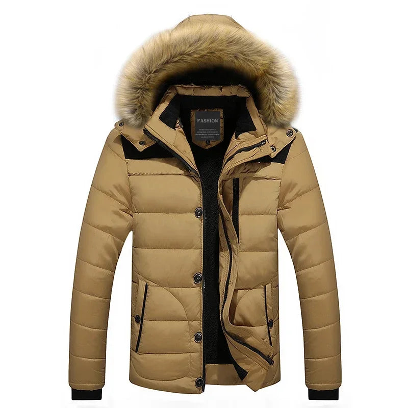 Men's Down Parka Wool Lined Hooded Jacket Warm Black