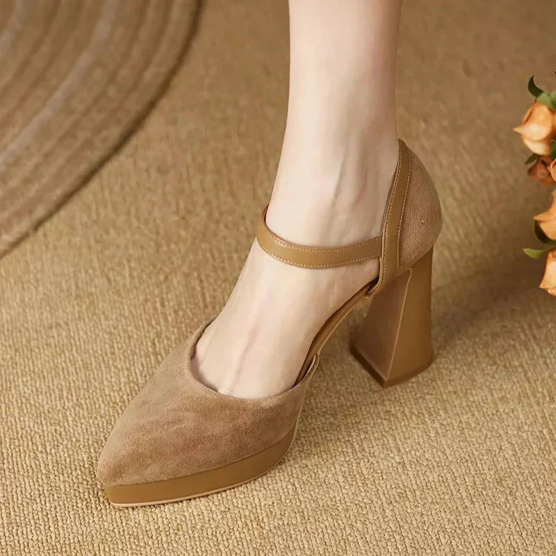 Women's Ankle Strap High Heels Block Pumps