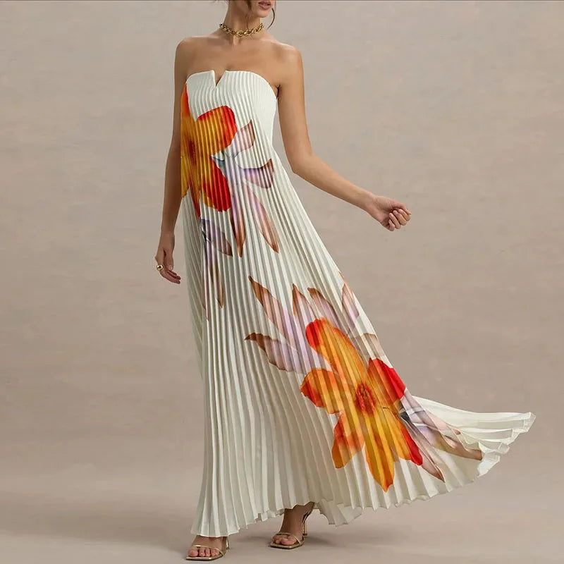 Women's Pleated Maxi Dress Floral Print - 
Fashinoza