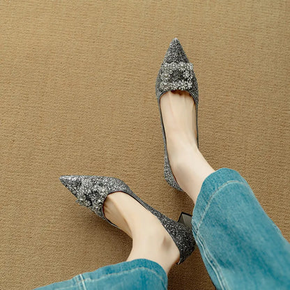 Women's Glitter Pumps Pointed Toe Crystal Buckle Heels