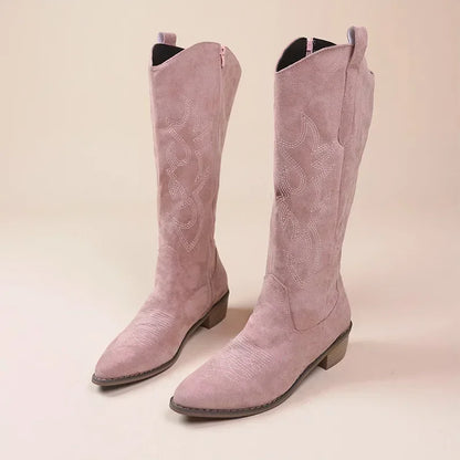 Women's Cowboy Boots Embroidered Brown Leather Chunky Heel