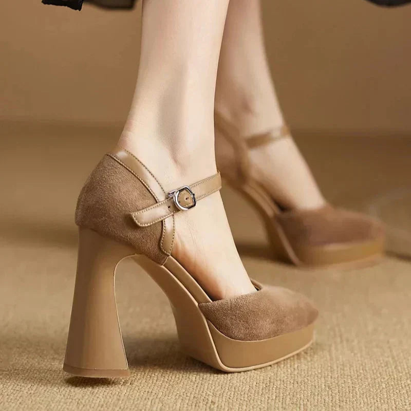 Women's Ankle Strap High Heels Block Pumps