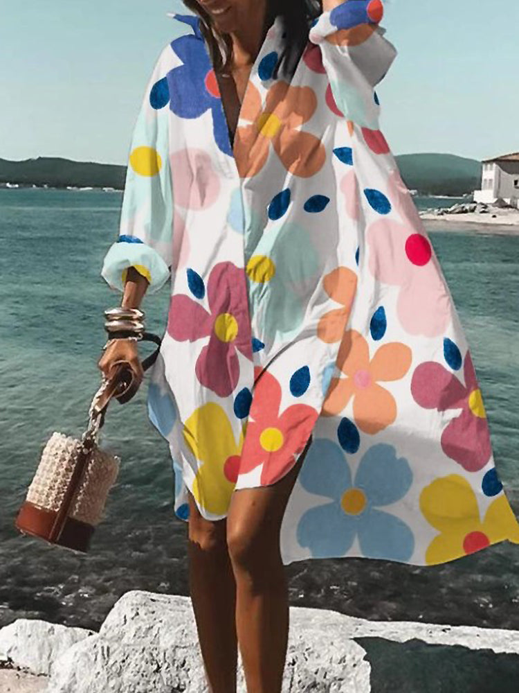 Women's Mini Floral Long Sleeve Shirt Dress