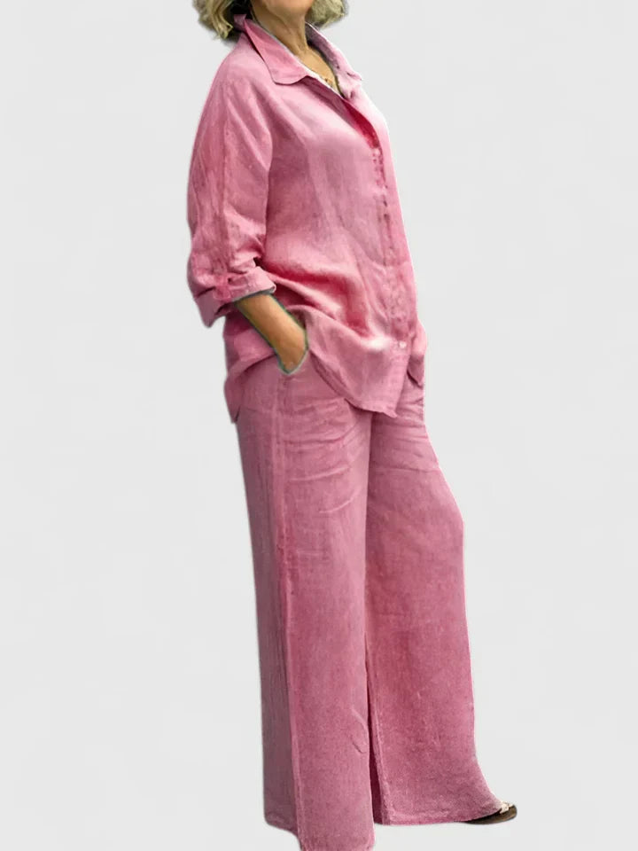Women's Two-Piece Button-Down Shirt Set Wide Leg Pants - Fashinoza