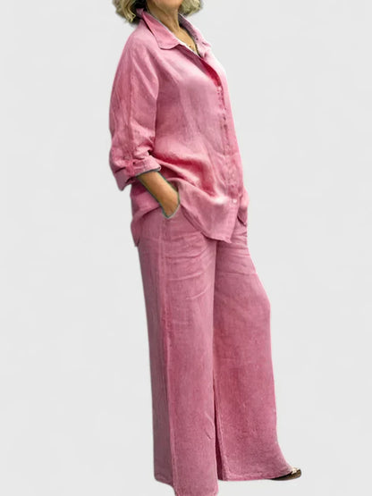Women's Two-Piece Button-Down Shirt Set Wide Leg Pants - Fashinoza