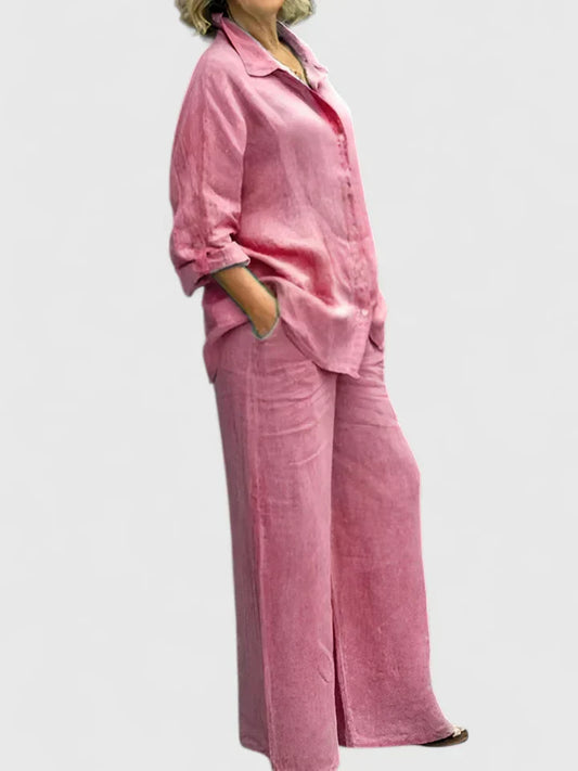 Women's Two-Piece Button-Down Shirt Set Wide Leg Pants - Fashinoza