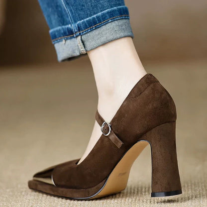 Women's Mary Jane Pumps Cap Toe Block Heel Strap