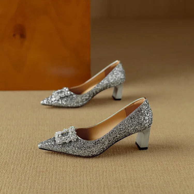 Women's Glitter Pumps Pointed Toe Crystal Buckle Heels