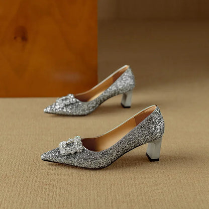 Women's Glitter Pumps Pointed Toe Crystal Buckle Heels