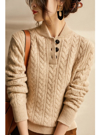 Cable-Knit Button Collar Sweater