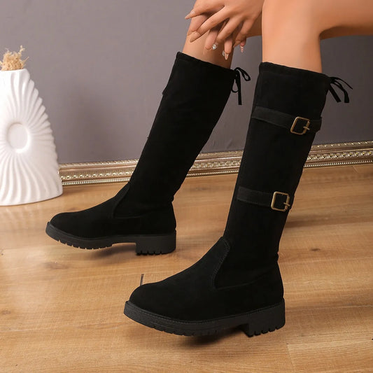 Women's Knee High Boots Black Low Heel Leather - Fashinoza
