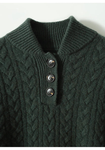 Cable-Knit Button Collar Sweater